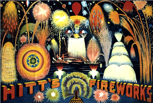 Art print depicts fireworks of all shapes and colors above a body of water with the text Hitt's Fireworks